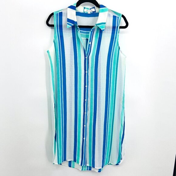 TWO BY VINCE CAMUTO Green Blue White Striped Button Up Sleeveless Swim Cover Up - Picture 1 of 5